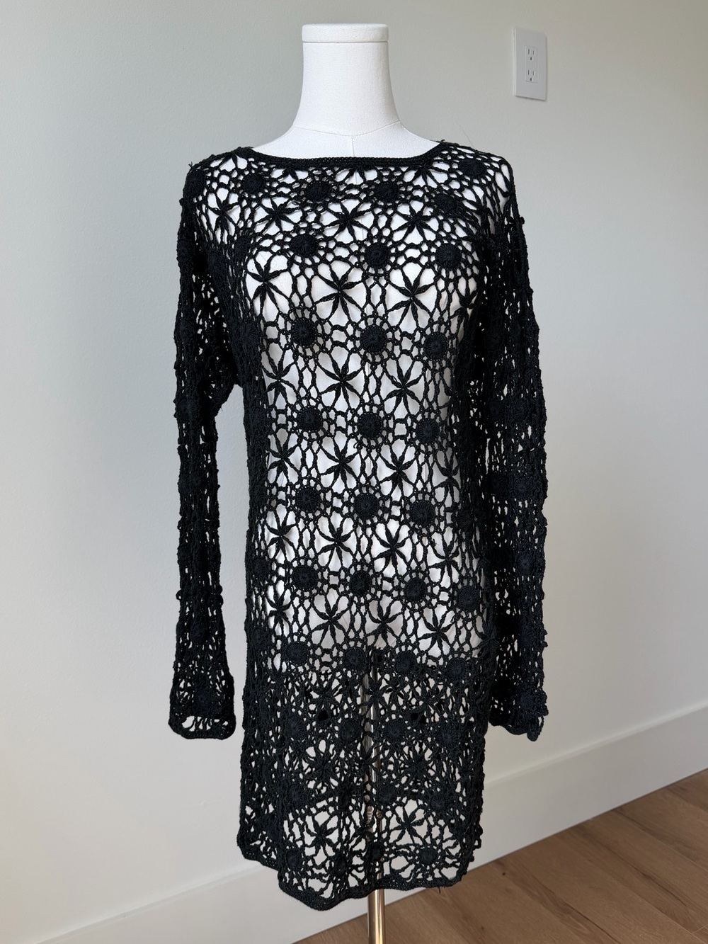 Vintage Crochet Beach Cover-Up Long Sleeve Dress